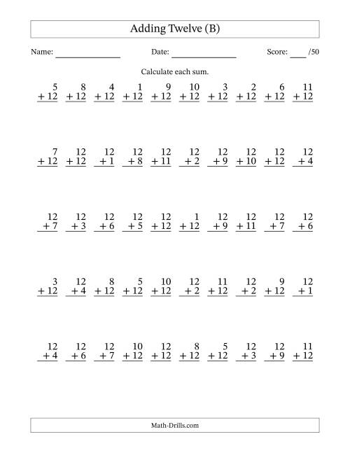 The Adding Twelve With The Other Addend From 1 to 12 – 50 Questions (B) Math Worksheet