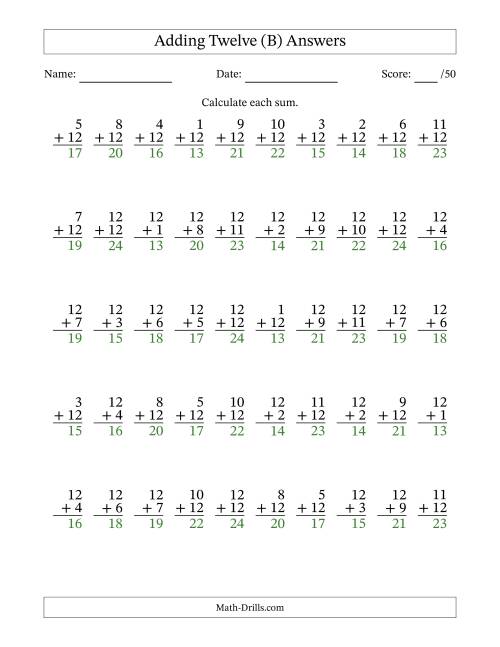 The Adding Twelve With The Other Addend From 1 to 12 – 50 Questions (B) Math Worksheet Page 2