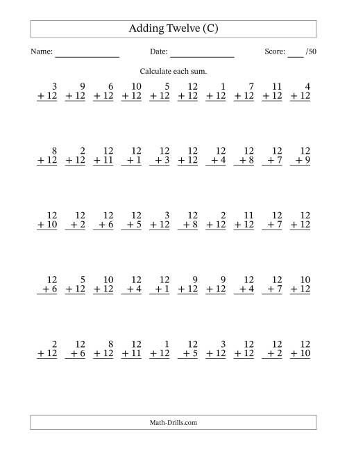The Adding Twelve With The Other Addend From 1 to 12 – 50 Questions (C) Math Worksheet