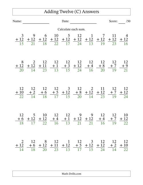 The Adding Twelve With The Other Addend From 1 to 12 – 50 Questions (C) Math Worksheet Page 2
