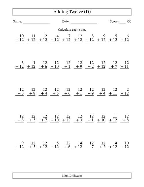 The Adding Twelve With The Other Addend From 1 to 12 – 50 Questions (D) Math Worksheet
