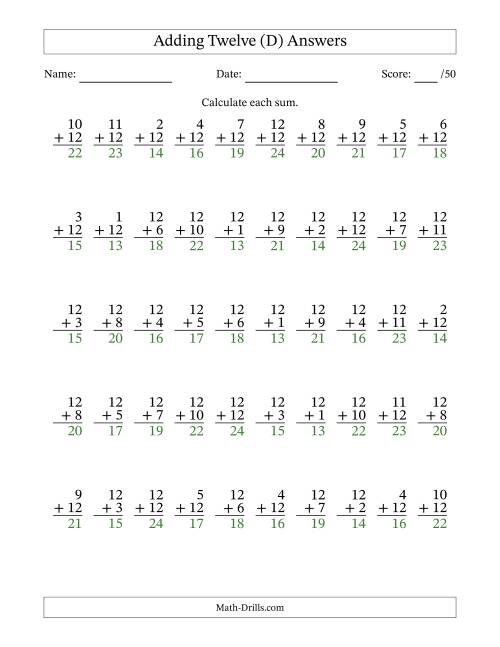 The Adding Twelve With The Other Addend From 1 to 12 – 50 Questions (D) Math Worksheet Page 2