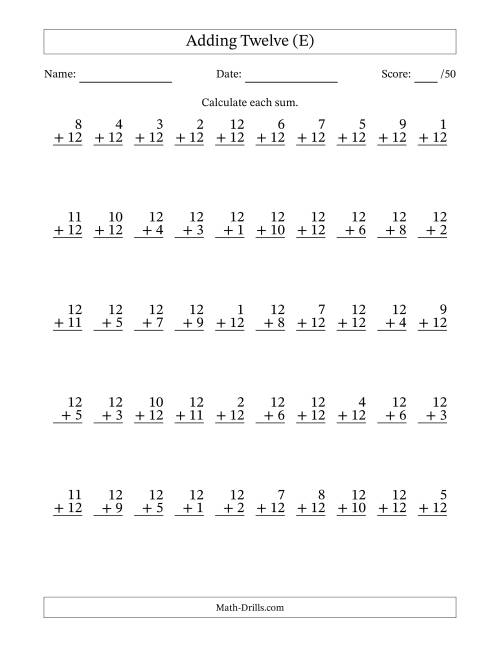 The Adding Twelve With The Other Addend From 1 to 12 – 50 Questions (E) Math Worksheet