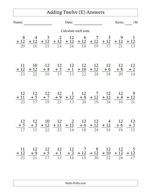 The Adding Twelve With The Other Addend From 1 to 12 – 50 Questions (E) Math Worksheet Page 2
