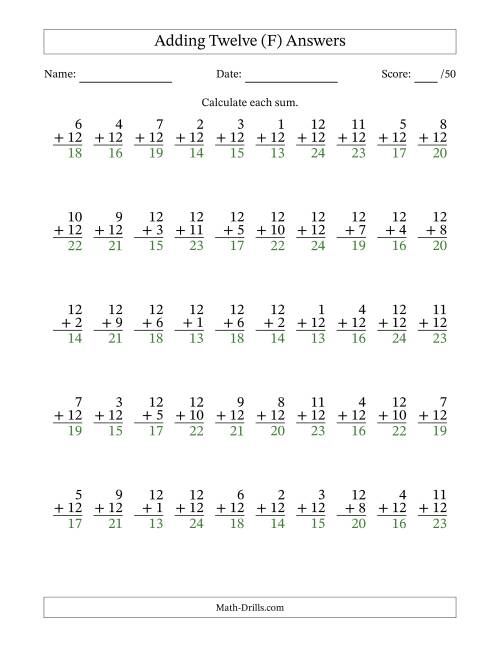 The Adding Twelve With The Other Addend From 1 to 12 – 50 Questions (F) Math Worksheet Page 2