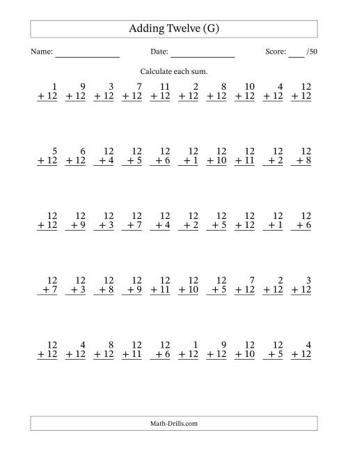 The Adding Twelve With The Other Addend From 1 to 12 – 50 Questions (G) Math Worksheet