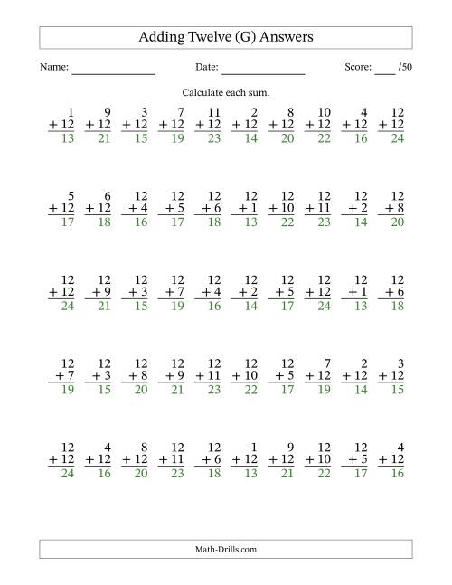 The Adding Twelve With The Other Addend From 1 to 12 – 50 Questions (G) Math Worksheet Page 2