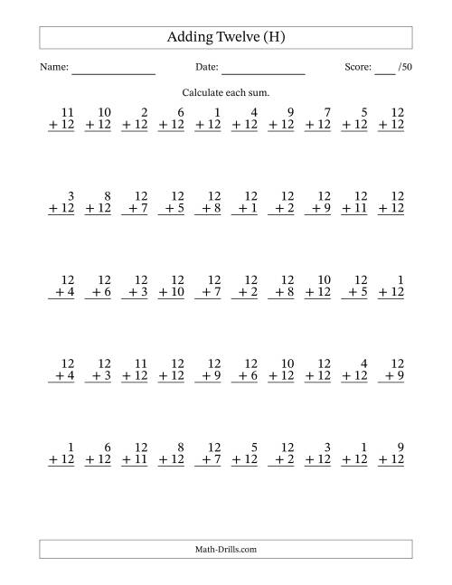 The Adding Twelve With The Other Addend From 1 to 12 – 50 Questions (H) Math Worksheet