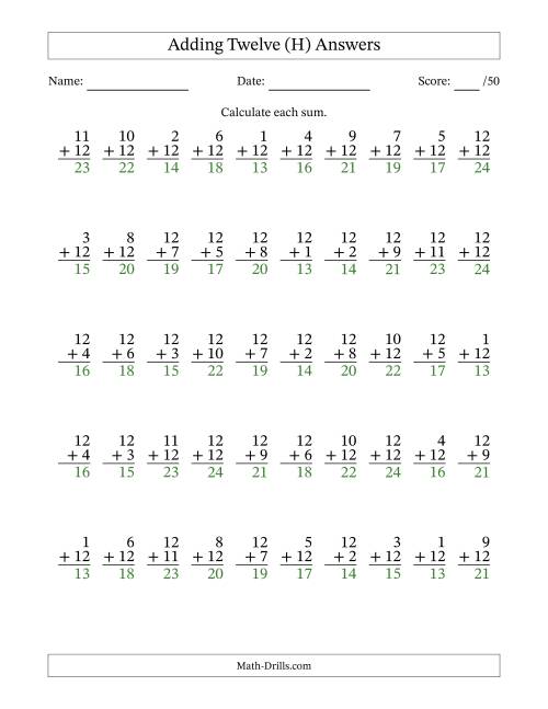 The Adding Twelve With The Other Addend From 1 to 12 – 50 Questions (H) Math Worksheet Page 2