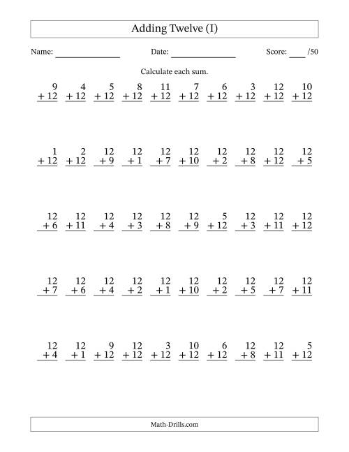 The Adding Twelve With The Other Addend From 1 to 12 – 50 Questions (I) Math Worksheet