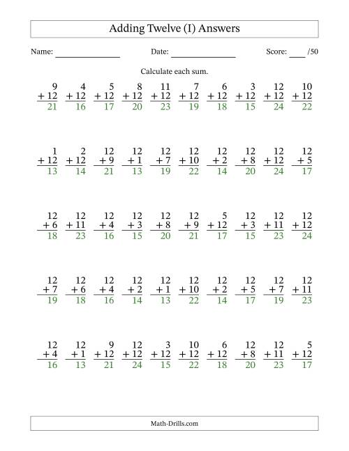 The Adding Twelve With The Other Addend From 1 to 12 – 50 Questions (I) Math Worksheet Page 2