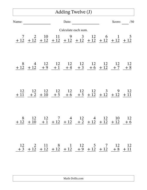 The Adding Twelve With The Other Addend From 1 to 12 – 50 Questions (J) Math Worksheet