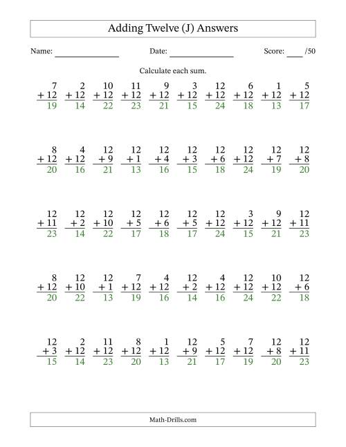 The 50 Vertical Adding Twelves Questions (J) Math Worksheet Page 2