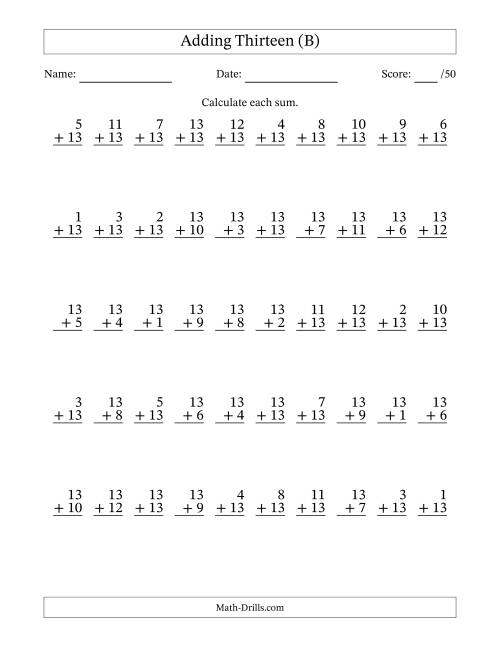 The Adding Thirteen With The Other Addend From 1 to 13 – 50 Questions (B) Math Worksheet