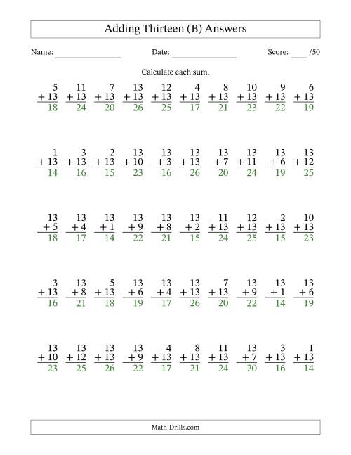The Adding Thirteen With The Other Addend From 1 to 13 – 50 Questions (B) Math Worksheet Page 2
