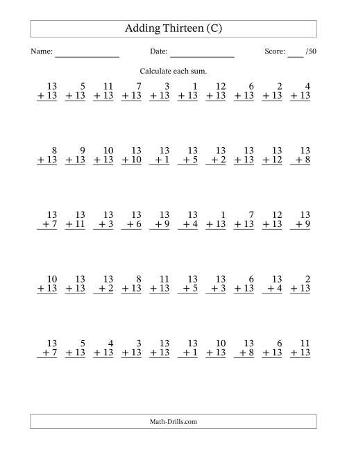The Adding Thirteen With The Other Addend From 1 to 13 – 50 Questions (C) Math Worksheet