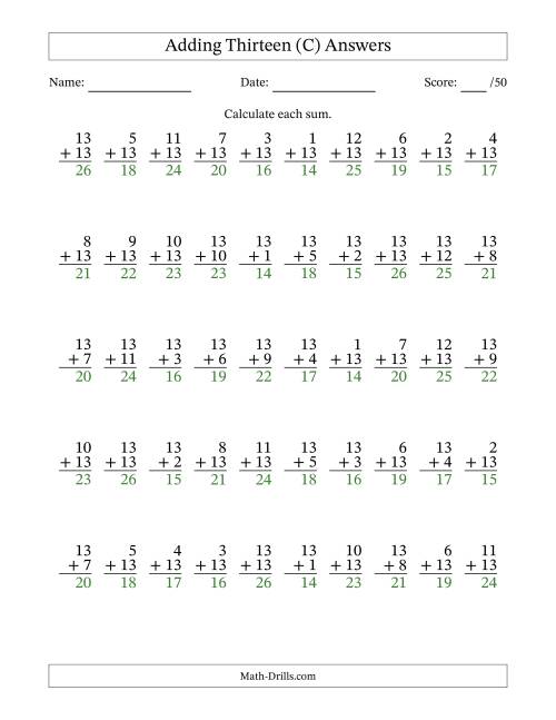 The Adding Thirteen With The Other Addend From 1 to 13 – 50 Questions (C) Math Worksheet Page 2