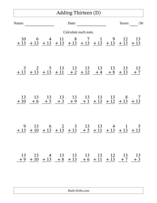 The Adding Thirteen With The Other Addend From 1 to 13 – 50 Questions (D) Math Worksheet