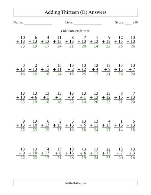 The Adding Thirteen With The Other Addend From 1 to 13 – 50 Questions (D) Math Worksheet Page 2