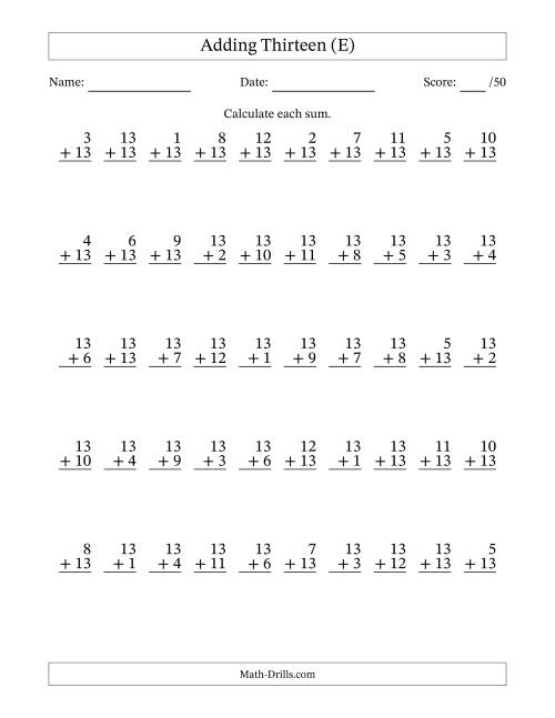 The Adding Thirteen With The Other Addend From 1 to 13 – 50 Questions (E) Math Worksheet