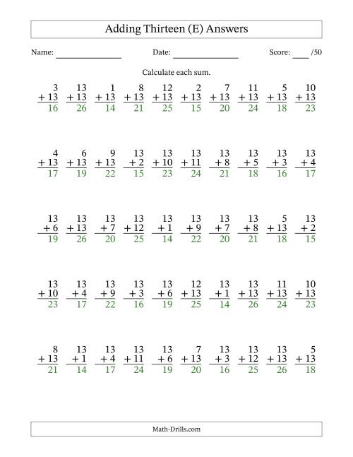 The Adding Thirteen With The Other Addend From 1 to 13 – 50 Questions (E) Math Worksheet Page 2