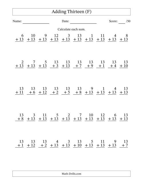 The Adding Thirteen With The Other Addend From 1 to 13 – 50 Questions (F) Math Worksheet