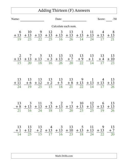 The 50 Vertical Adding Thirteens Questions (F) Math Worksheet Page 2