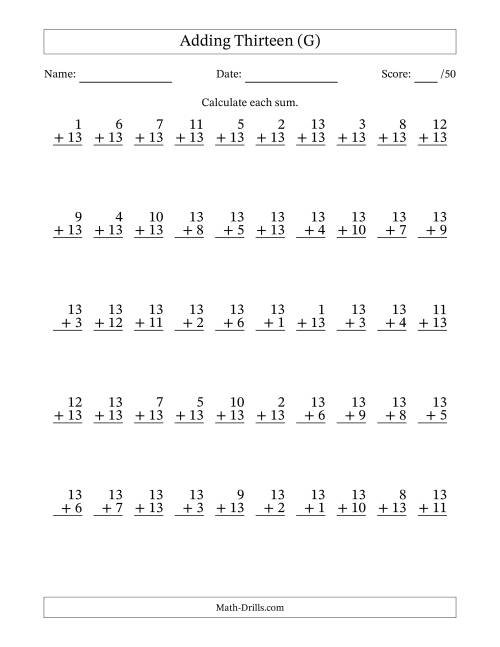 The Adding Thirteen With The Other Addend From 1 to 13 – 50 Questions (G) Math Worksheet
