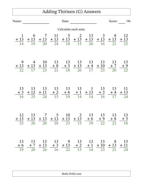 The Adding Thirteen With The Other Addend From 1 to 13 – 50 Questions (G) Math Worksheet Page 2