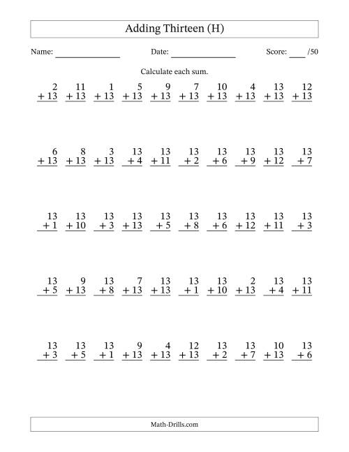 The Adding Thirteen With The Other Addend From 1 to 13 – 50 Questions (H) Math Worksheet