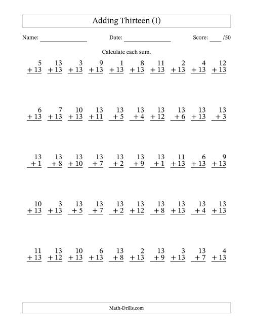 The Adding Thirteen With The Other Addend From 1 to 13 – 50 Questions (I) Math Worksheet