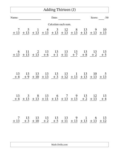 The Adding Thirteen With The Other Addend From 1 to 13 – 50 Questions (J) Math Worksheet