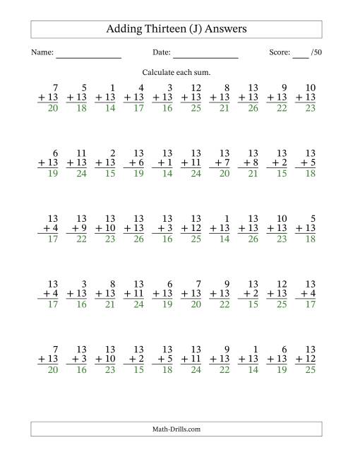 The Adding Thirteen With The Other Addend From 1 to 13 – 50 Questions (J) Math Worksheet Page 2