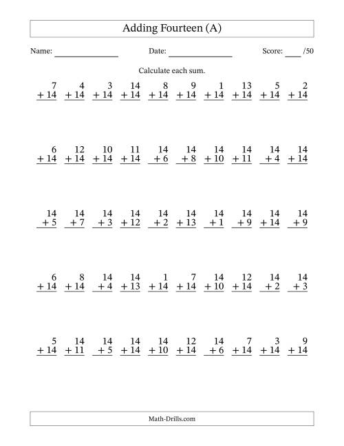 The Adding Fourteen With The Other Addend From 1 to 14 – 50 Questions (A) Math Worksheet