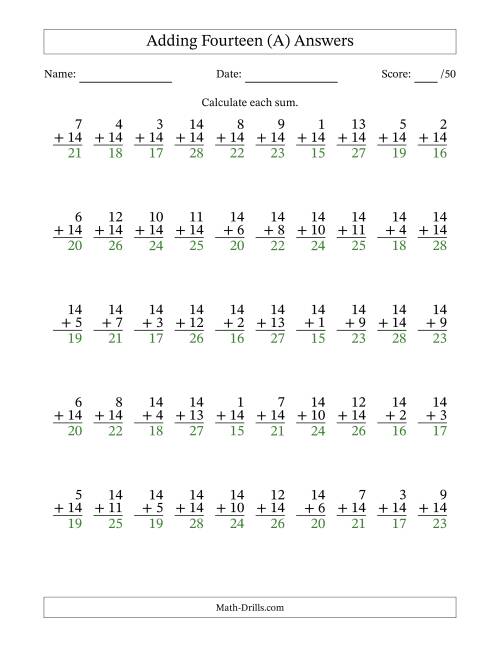 The 50 Vertical Adding Fourteens Questions (A) Math Worksheet Page 2