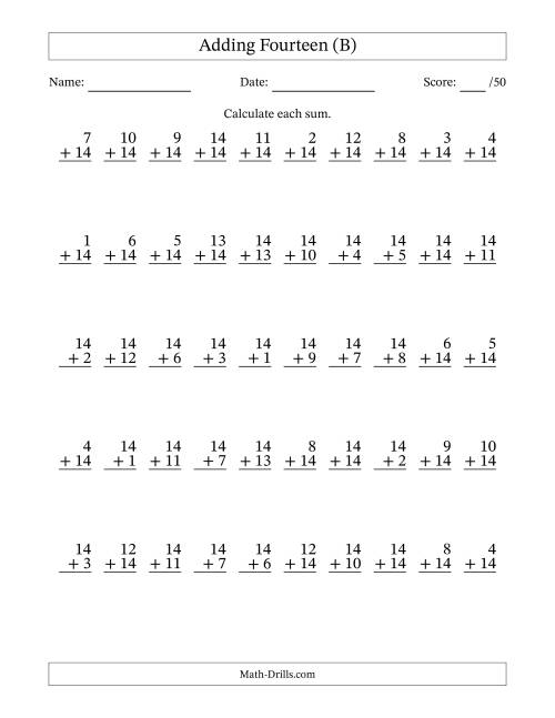 The Adding Fourteen With The Other Addend From 1 to 14 – 50 Questions (B) Math Worksheet