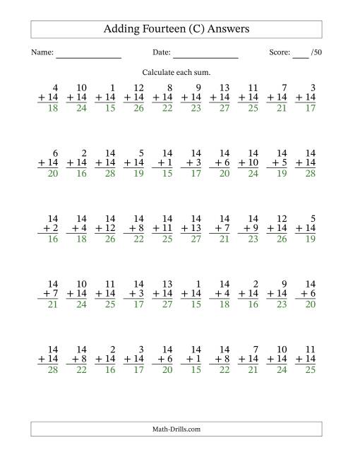 The 50 Vertical Adding Fourteens Questions (C) Math Worksheet Page 2