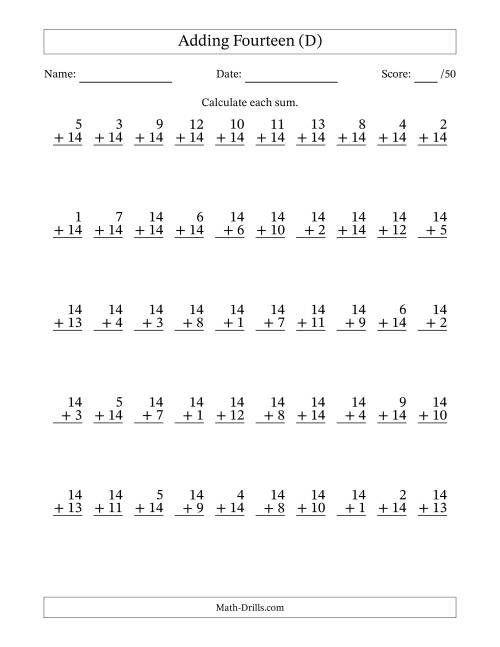 The Adding Fourteen With The Other Addend From 1 to 14 – 50 Questions (D) Math Worksheet