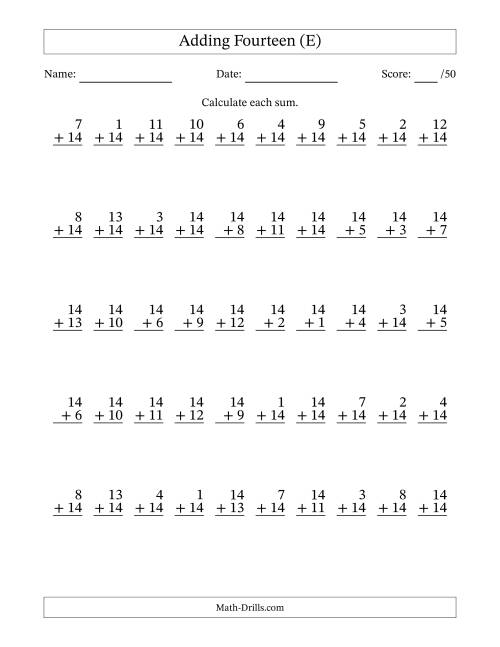The Adding Fourteen With The Other Addend From 1 to 14 – 50 Questions (E) Math Worksheet