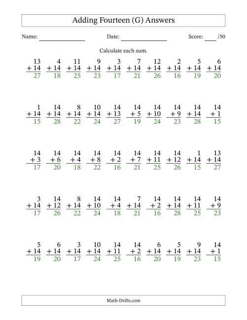 The Adding Fourteen With The Other Addend From 1 to 14 – 50 Questions (G) Math Worksheet Page 2