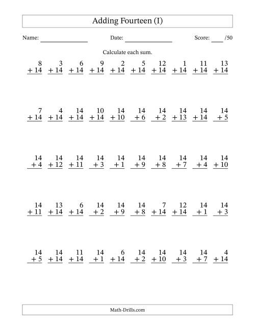 The Adding Fourteen With The Other Addend From 1 to 14 – 50 Questions (I) Math Worksheet