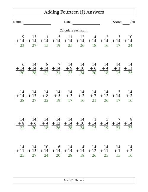 The Adding Fourteen With The Other Addend From 1 to 14 – 50 Questions (J) Math Worksheet Page 2