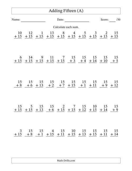 The Adding Fifteen With The Other Addend From 1 to 15 – 50 Questions (A) Math Worksheet