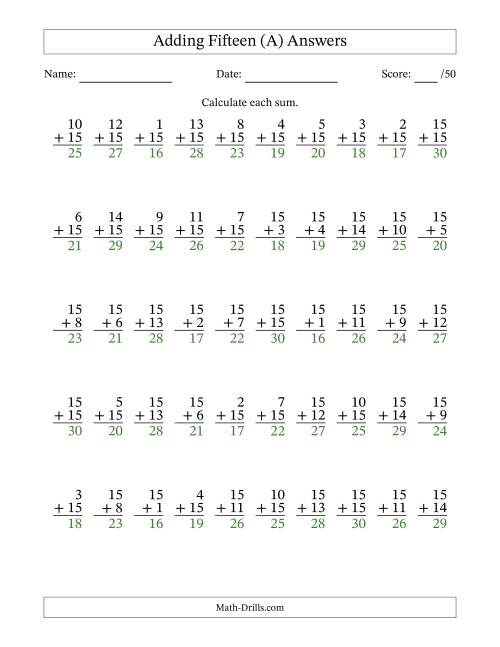 The Adding Fifteen With The Other Addend From 1 to 15 – 50 Questions (A) Math Worksheet Page 2