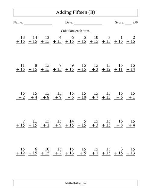 The Adding Fifteen With The Other Addend From 1 to 15 – 50 Questions (B) Math Worksheet