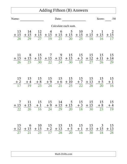 The Adding Fifteen With The Other Addend From 1 to 15 – 50 Questions (B) Math Worksheet Page 2