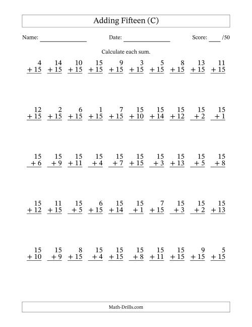 The Adding Fifteen With The Other Addend From 1 to 15 – 50 Questions (C) Math Worksheet