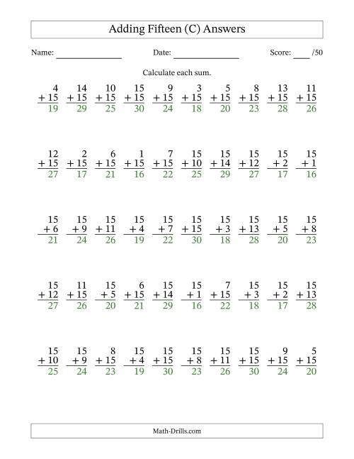 The Adding Fifteen With The Other Addend From 1 to 15 – 50 Questions (C) Math Worksheet Page 2