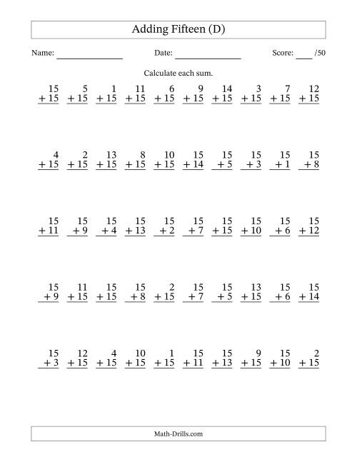 The Adding Fifteen With The Other Addend From 1 to 15 – 50 Questions (D) Math Worksheet