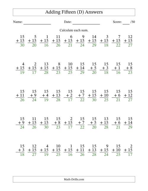 The Adding Fifteen With The Other Addend From 1 to 15 – 50 Questions (D) Math Worksheet Page 2